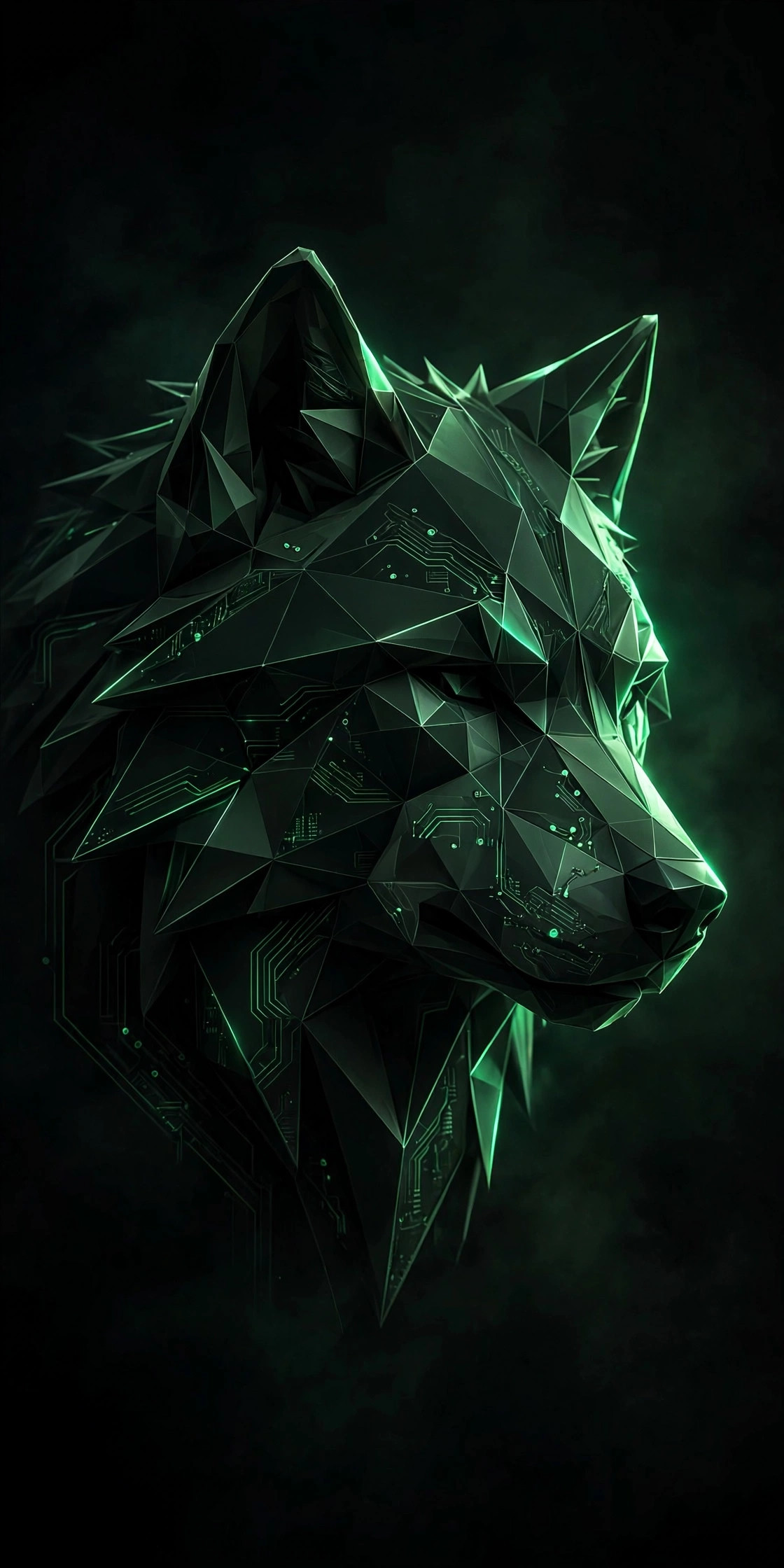 FangOS brand artwork: a geometric wolf head in dark green and black.